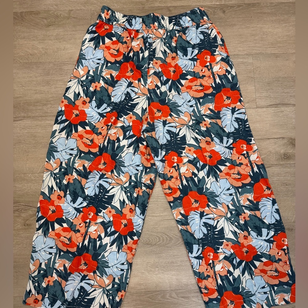 C&C California 100% Linen Floral Wide Leg High Waist Pull On Pants Sz L‎ Boho - Picture 3 of 7